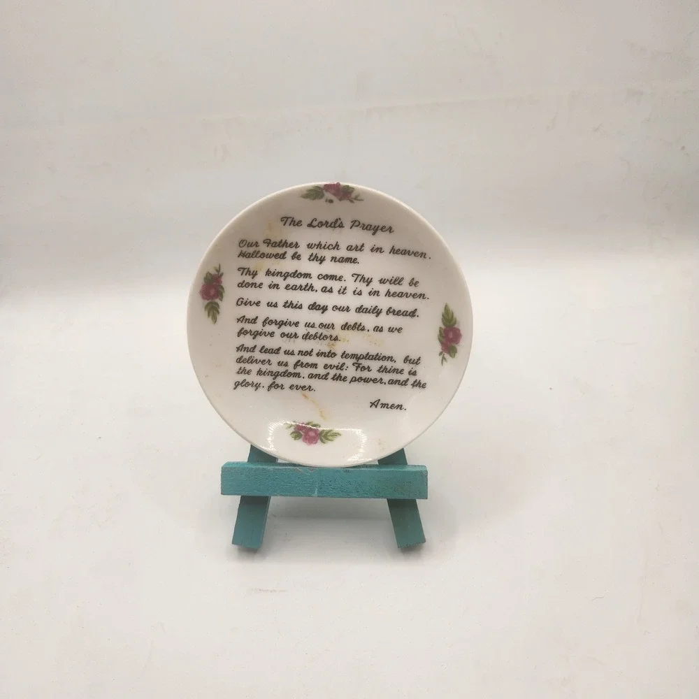 Vintage The Lords Prayer Miniature Decorative Plate Japan Pink Floral 4 Inch